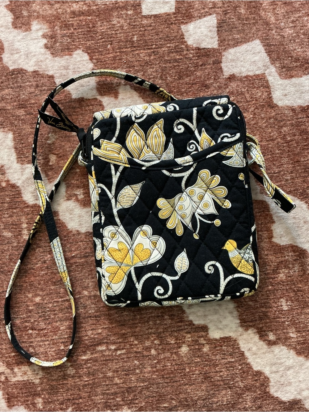 Vera Bradley Black Quilted Sullivan Crossbody with Yellow Floral Print